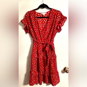 Monteau Red Floral Wrap-Style Dress with White Print